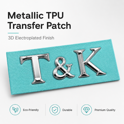 Etichetta termoadesiva personalizzata in TPU, patch 3D transfer impermeabili, badge metallici durevoli adatti per abbigliamento, borse, scarpe, facili da applicare
